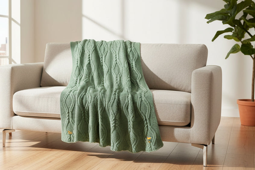 Pomme Cotton Knitted Leaf Cable Textured Throw (Green)