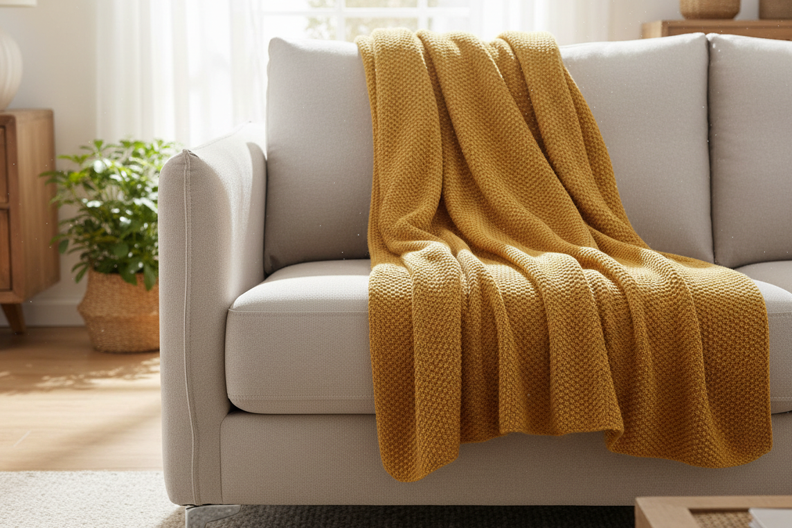 Pomme Cotton Knitted Moss Stitch Stone Wash Throw (Mustard Yellow)