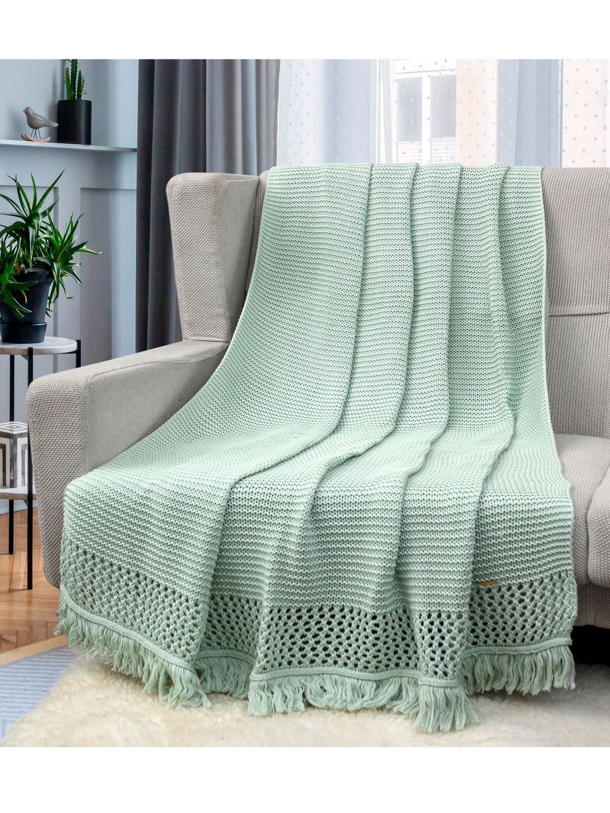 Pomme Cotton Knitted Textured Fringe Throw (Light Green)