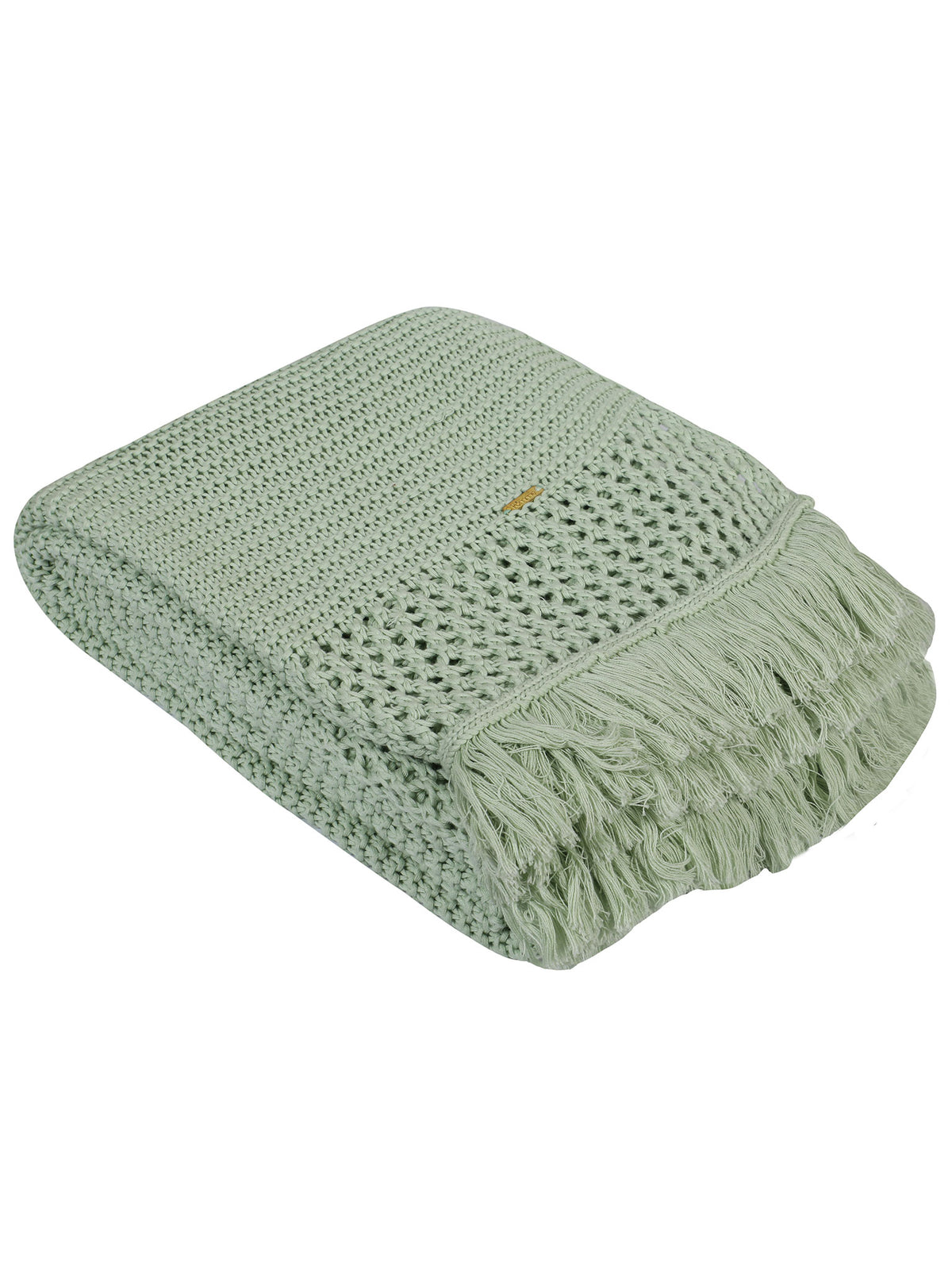 Pomme Cotton Knitted Textured Fringe Throw (Light Green)