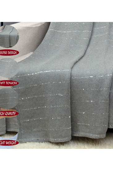 Knitted Grey Melaneg With Silver Sequence Texture Knit Throw