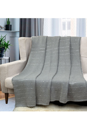 Knitted Grey Melaneg With Silver Sequence Texture Knit Throw