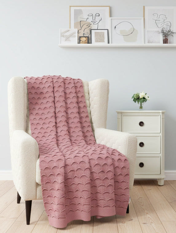 Pomme Cotton Knitted Scalloped Wave Throw (Dusty Rose)