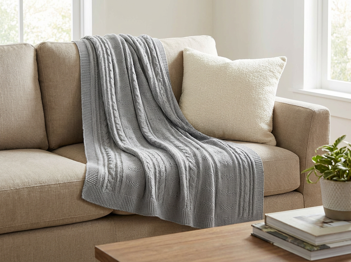Pomme Cotton Knitted Heritage Cable & Diamond Throw (Grey)