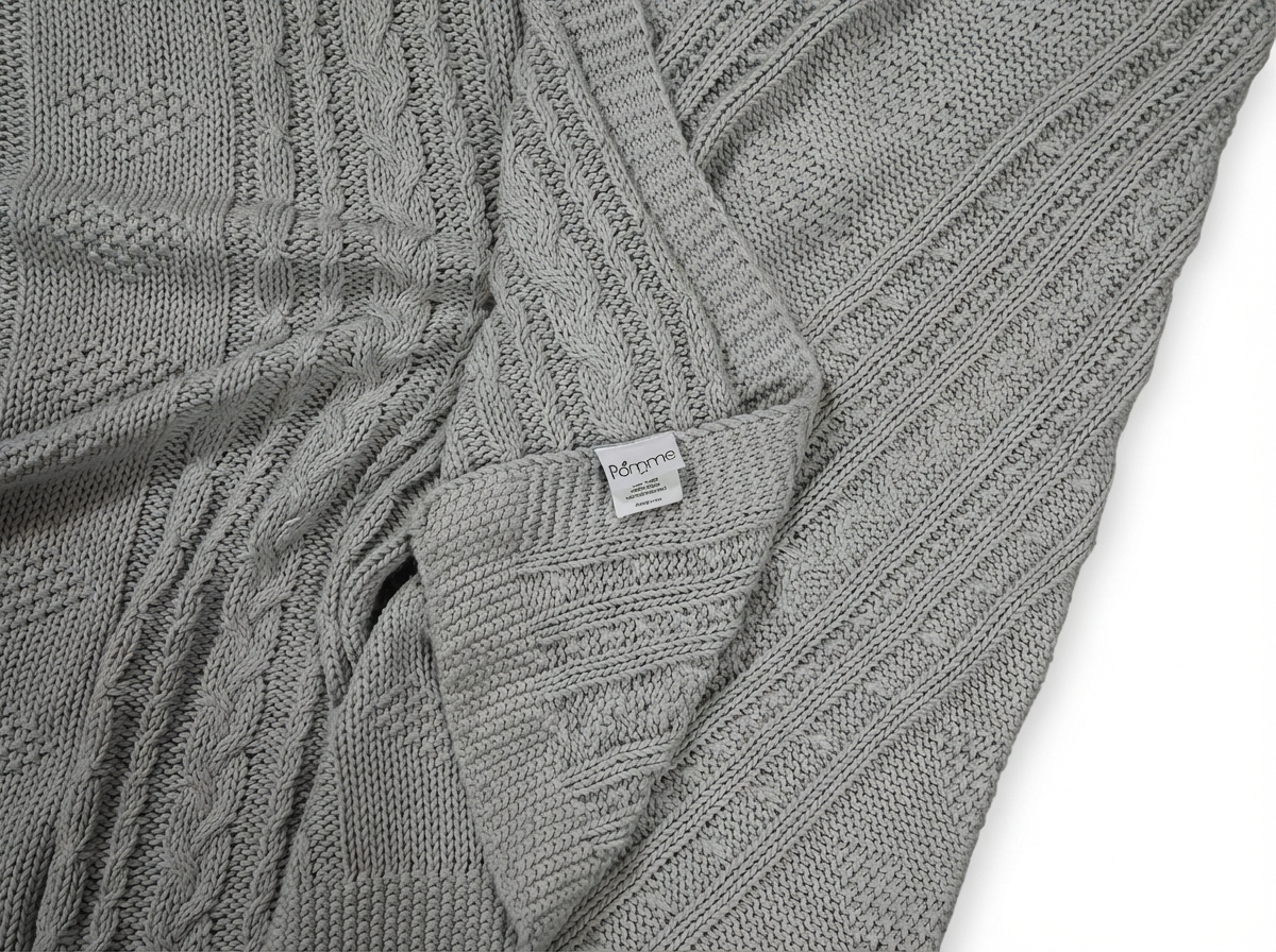 Pomme Cotton Knitted Heritage Cable & Diamond Throw (Grey)