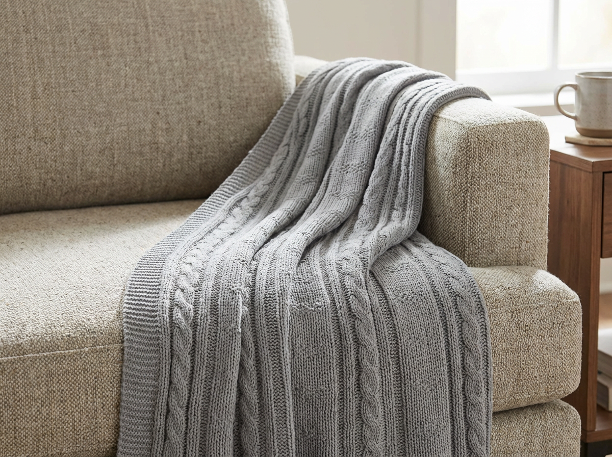 Pomme Cotton Knitted Heritage Cable & Diamond Throw (Grey)