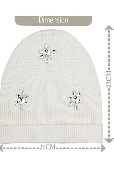 Cotton knitted Winter Cap For Women Ivory + Sequence Stone