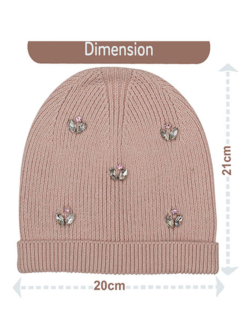 Cotton knitted Winter Cap For Women Light Pink and Sequence Stone