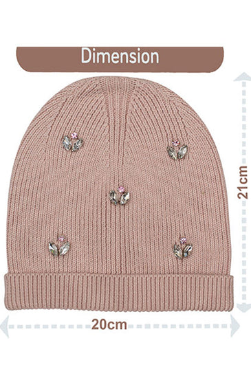 Cotton knitted Winter Cap For Women Light Pink and Sequence Stone