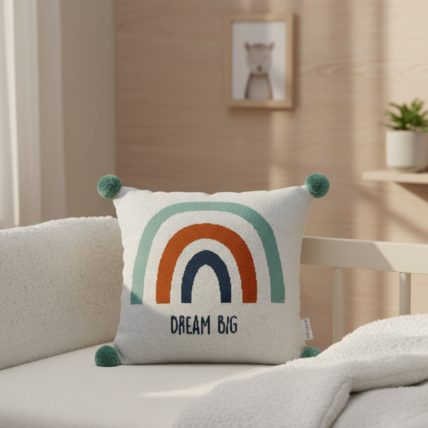 Pomme Cotton Knitted Dream Big Rainbow Kids Cushion Cover (Ivory)