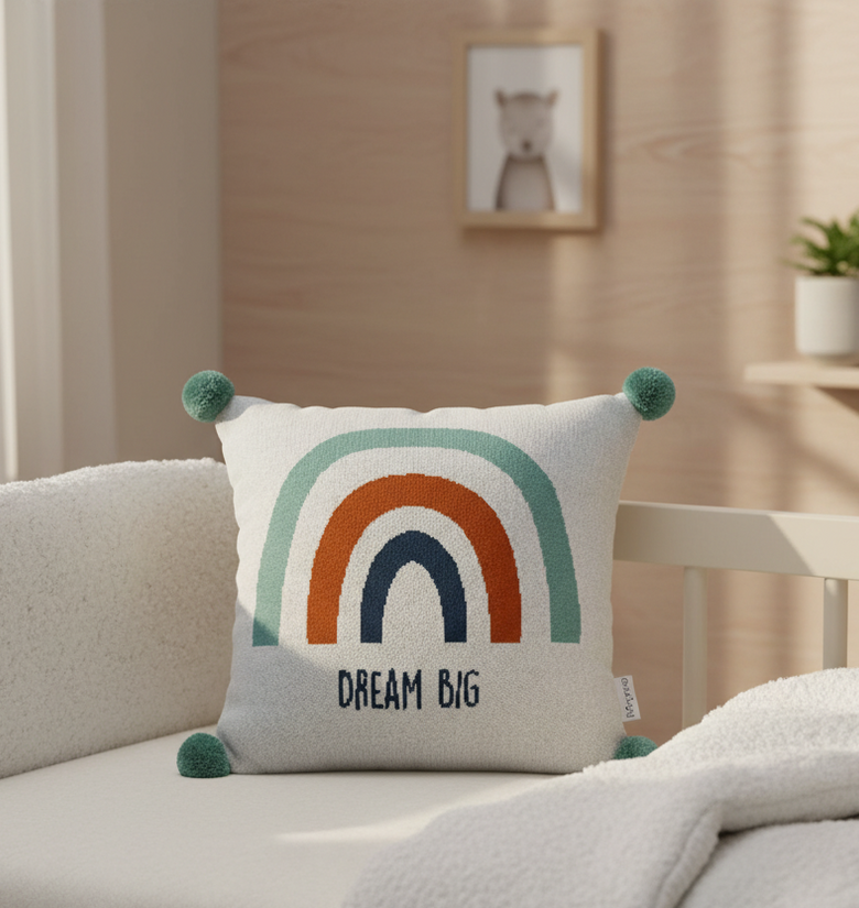 Pomme Cotton Knitted Dream Big Rainbow Kids Cushion Cover (Ivory)