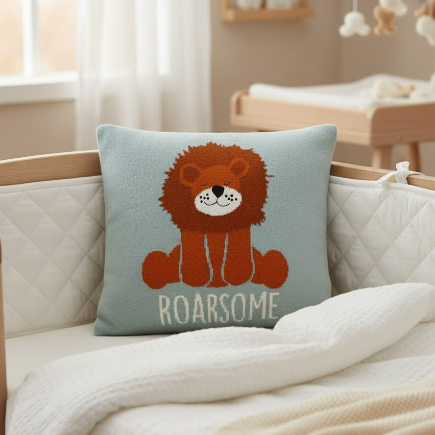Pomme Cotton Knitted Roarsome Lion Kids Cushion Cover (Dusty Blue)