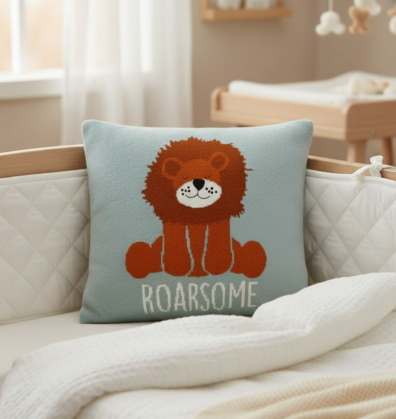 Pomme Cotton Knitted Roarsome Lion Kids Cushion Cover (Dusty Blue)
