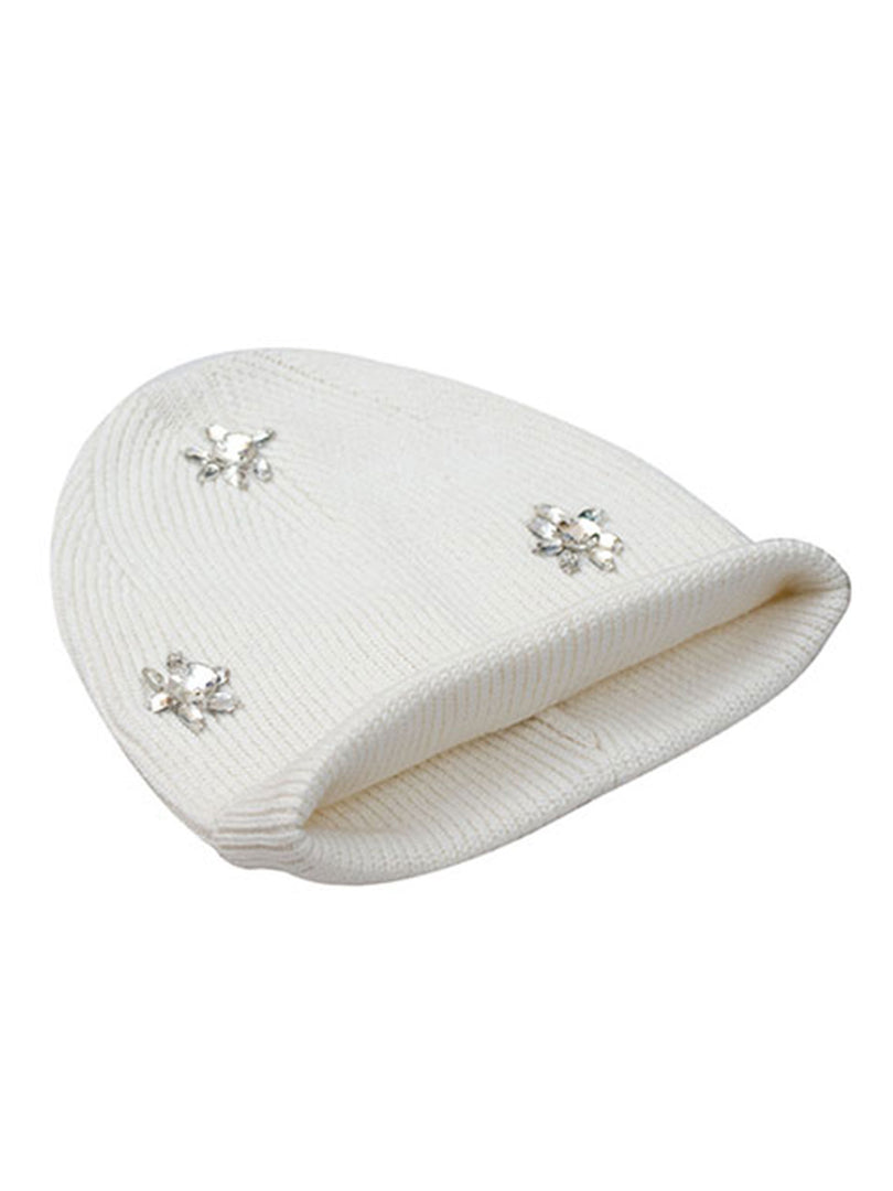 Cotton knitted Winter Cap For Women Ivory + Sequence Stone