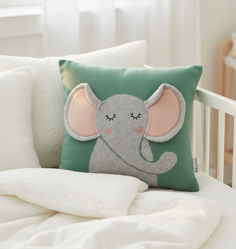 Pomme Cotton Knitted Sleepy Elephant Kids Cushion Cover (Vert Green)