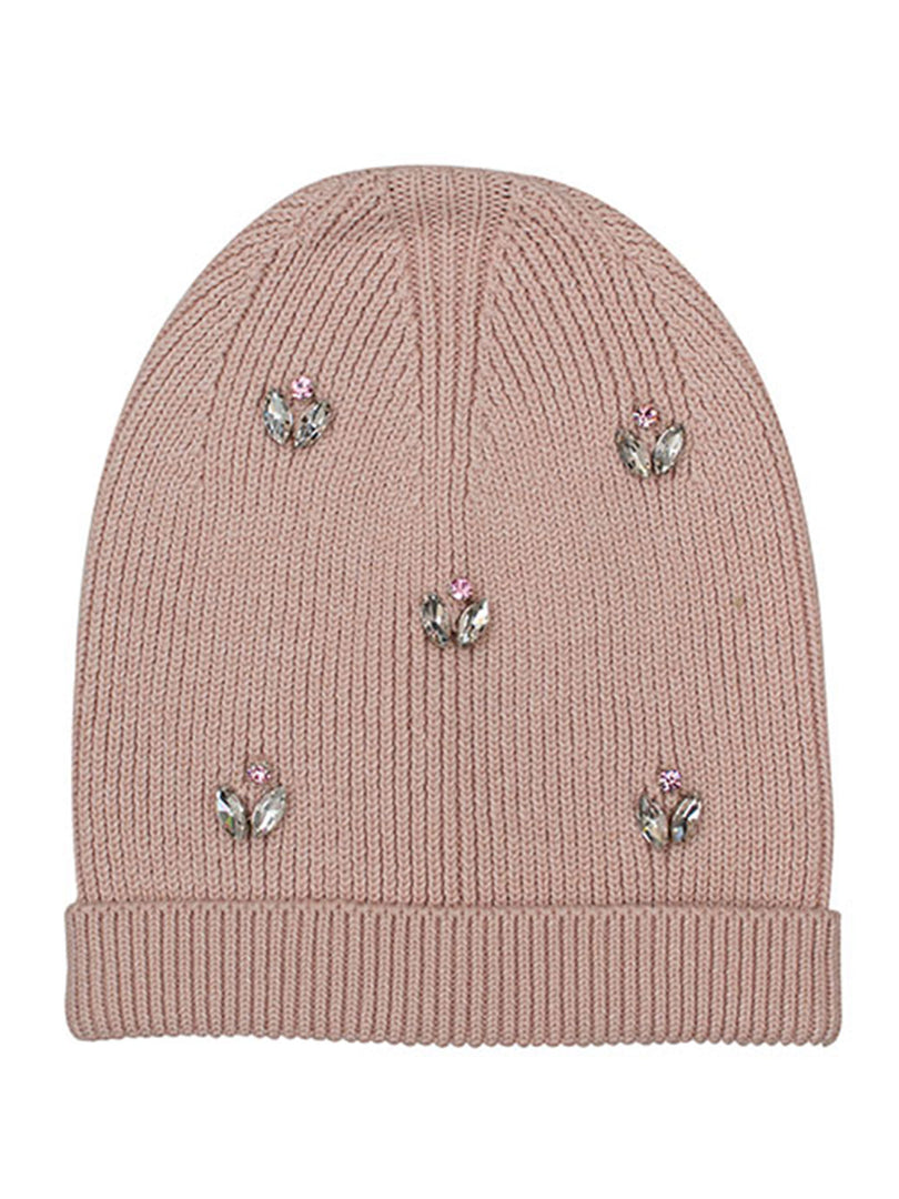 Cotton knitted Winter Cap For Women Light Pink and Sequence Stone