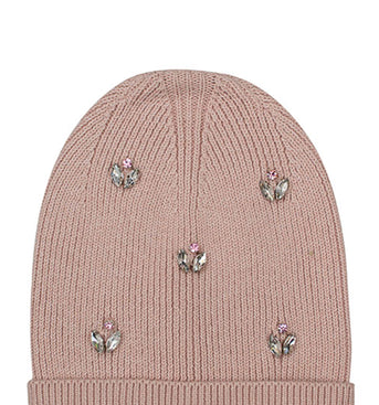 Cotton knitted Winter Cap For Women Light Pink and Sequence Stone