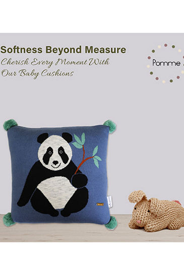 Panda Pattern Blue Knitted Baby Cushion Cover