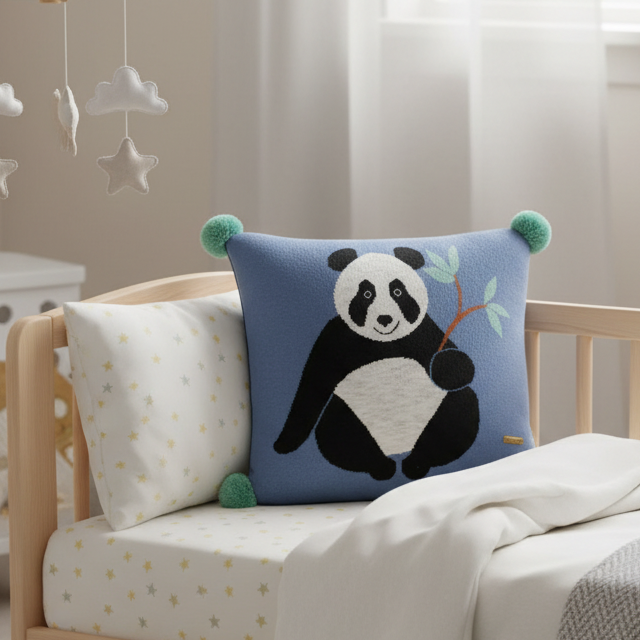 Pomme Cotton Knitted Hungry Panda Kids Cushion Cover (Dusty Blue)