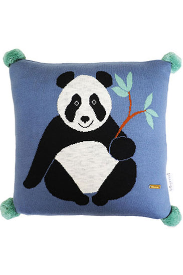 Panda Pattern Blue Knitted Baby Cushion Cover