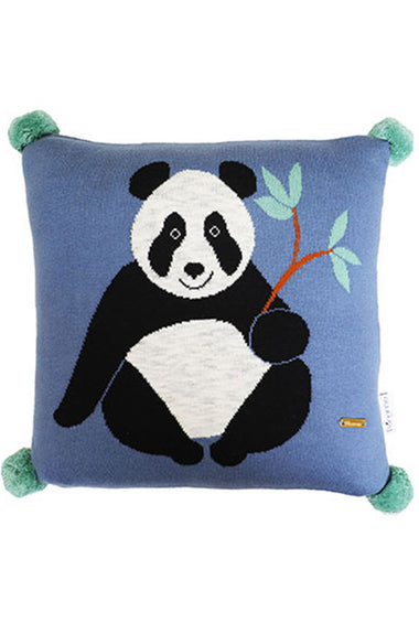 Panda Pattern Blue Knitted Baby Cushion Cover