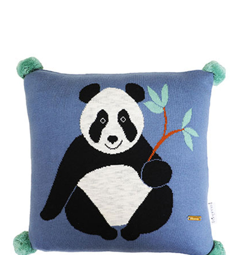 Panda Pattern Blue Knitted Baby Cushion Cover