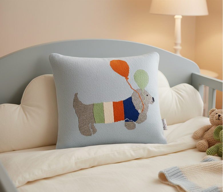 Pomme Cotton Knitted Party Puppy Kids Cushion Cover (Light Blue)