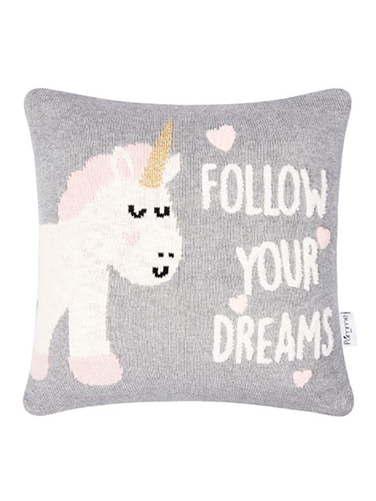 Pomme Cotton Knitted Follow Your Dreams Unicorn Kids Cushion Cover (Grey)