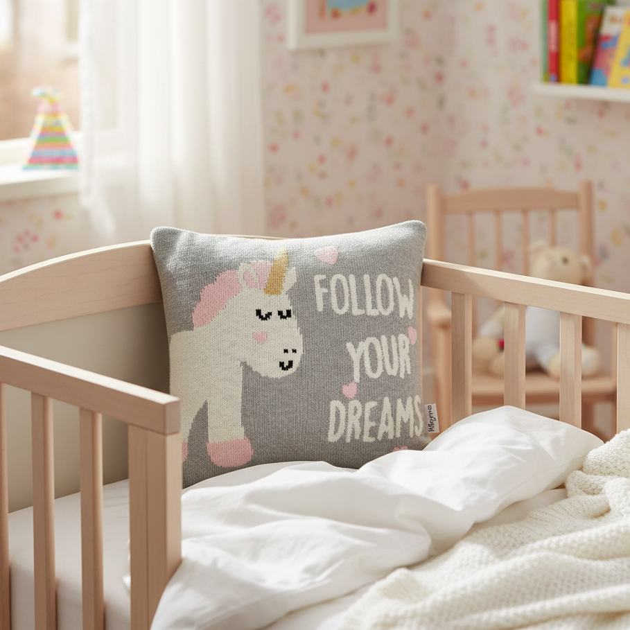 Pomme Cotton Knitted Follow Your Dreams Unicorn Kids Cushion Cover (Grey)