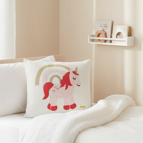 Pomme Cotton Knitted Rainbow Unicorn Kids Cushion Cover (Ivory)