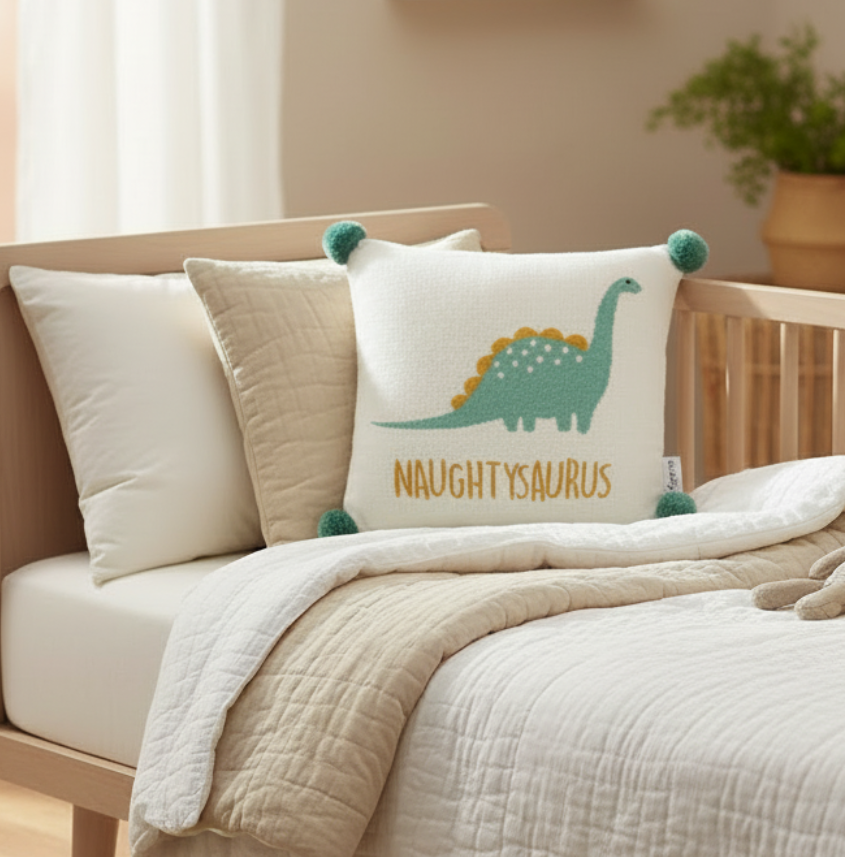 Pomme Cotton Knitted Dino "Naughtysaurus" Kids Cushion Cover (Ivory)