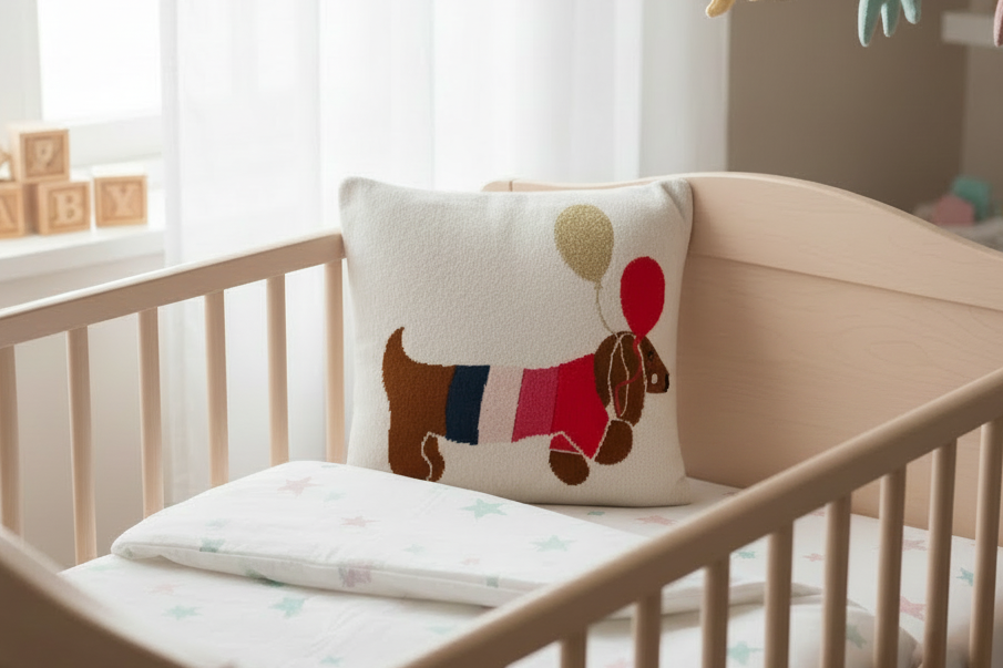Pomme Cotton Knitted Party Sausage Dog Kids Cushion Cover (Ivory)