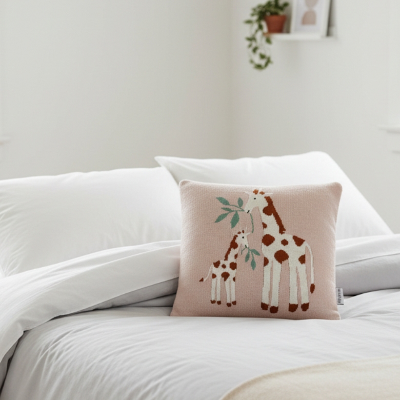 Pomme Cotton Knitted Mama & Baby Giraffe Kids Cushion Cover (Blush Pink)