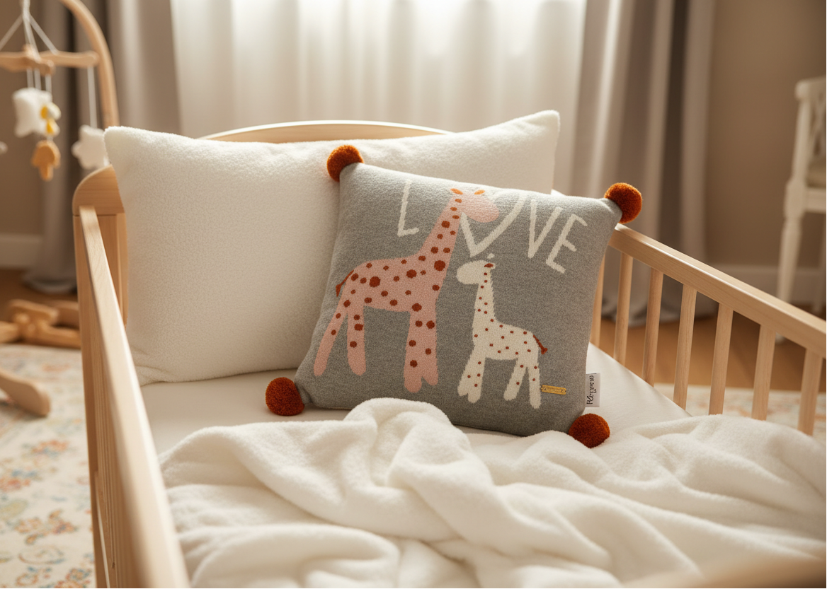 Pomme Cotton Knitted Love Giraffe Kids Cushion Cover (Grey Melange)