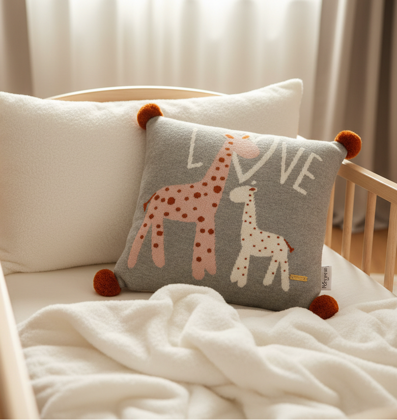 Pomme Cotton Knitted Love Giraffe Kids Cushion Cover (Grey Melange)