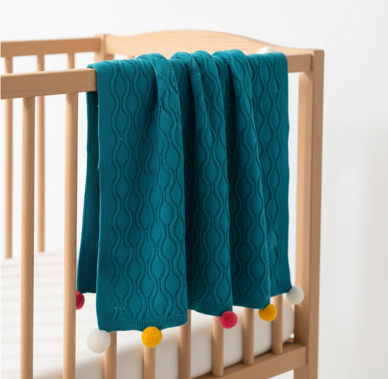 Pomme Cotton Knitted Ogee Pointelle Decorative Blanket with Pom-Poms (Enamel Blue)