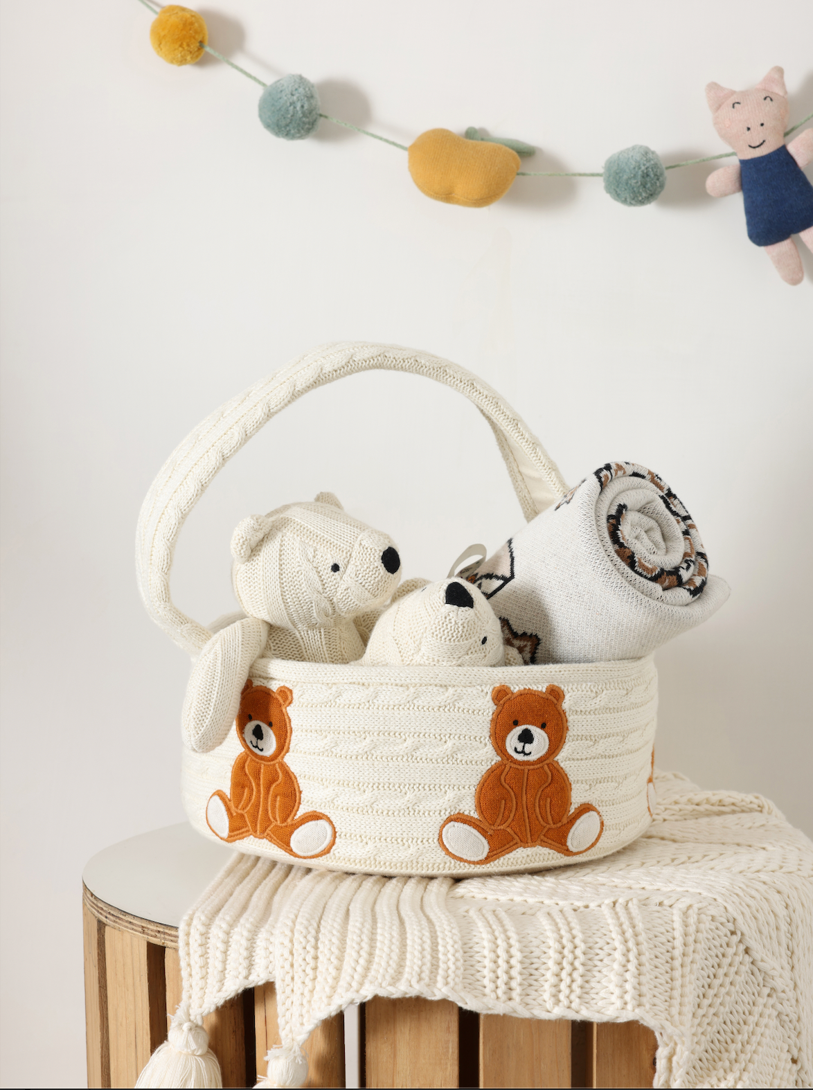 Pomme Cotton Knitted Teddy Bear Gift Basket Set