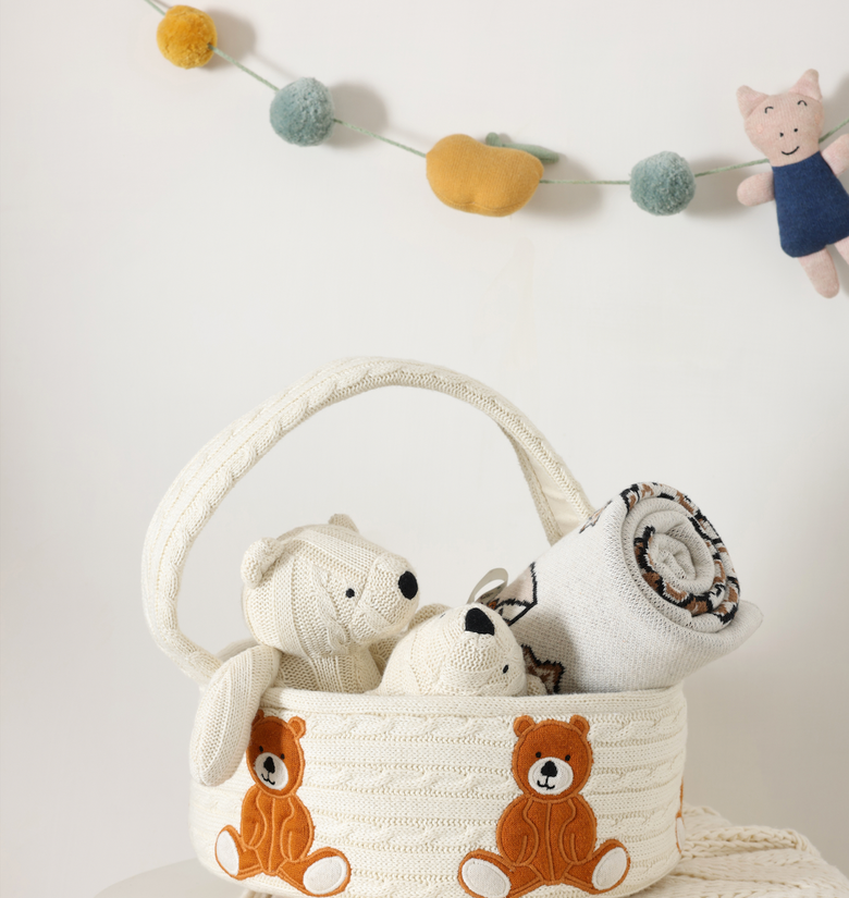 Pomme Cotton Knitted Teddy Bear Gift Basket Set