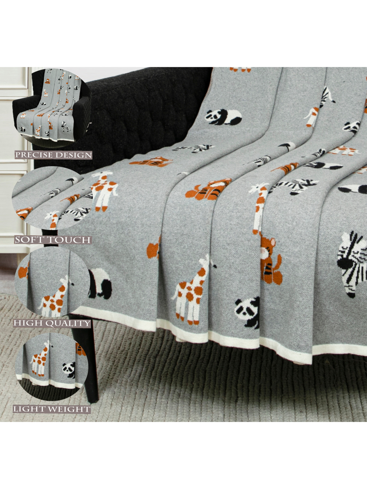 Cotton Knitted Grey Jungle Safari Throw