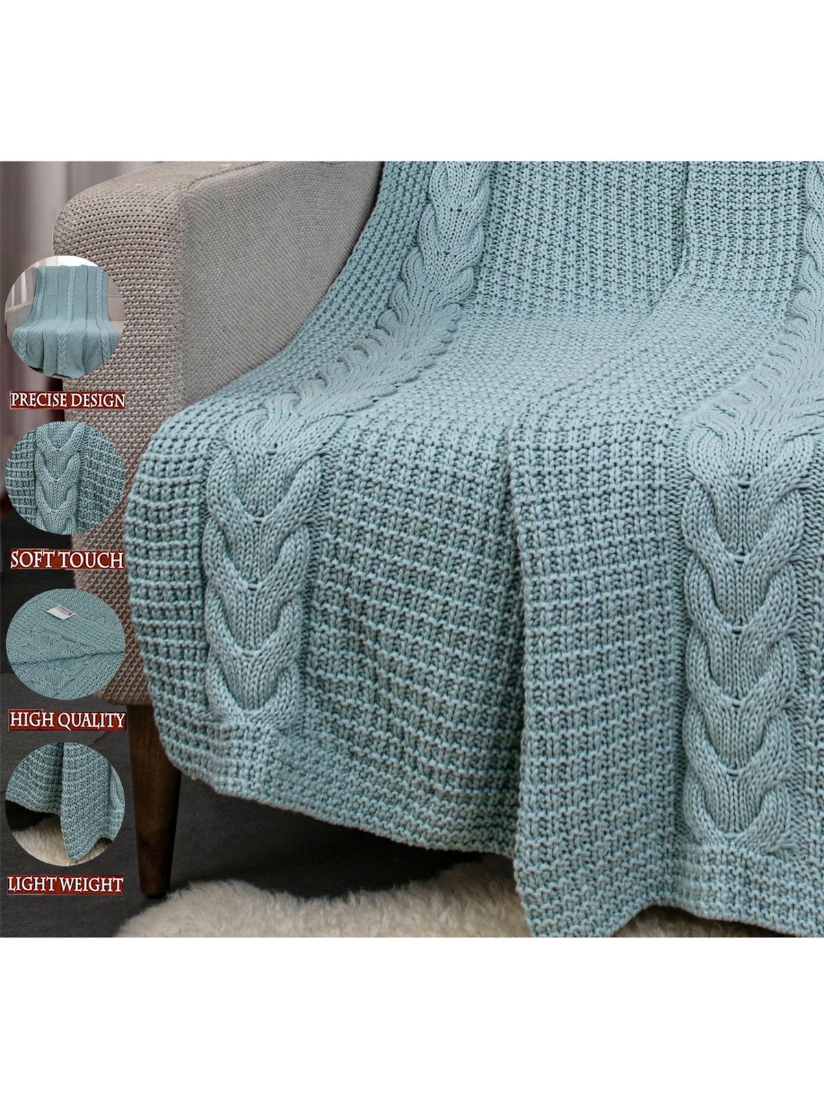 Pomme Cotton Knitted Cable & Waffle Chunky Throw (Light Green)