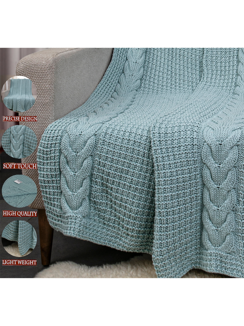 Knitted Lt. Green Cable Knit with Chunky Texture Knit Throw