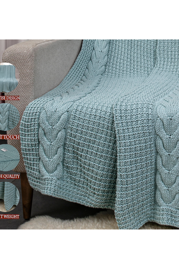 Knitted Lt. Green Cable Knit with Chunky Texture Knit Throw