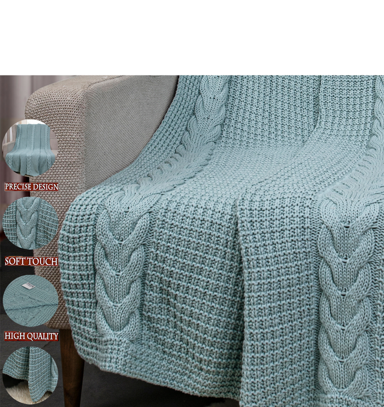 Knitted Lt. Green Cable Knit with Chunky Texture Knit Throw