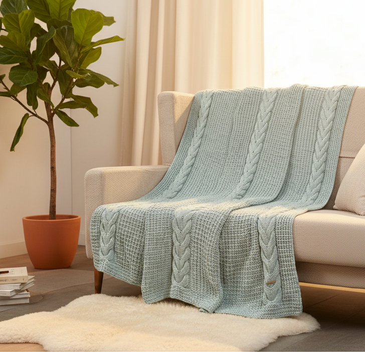 Pomme Cotton Knitted Cable & Waffle Chunky Throw (Light Green)
