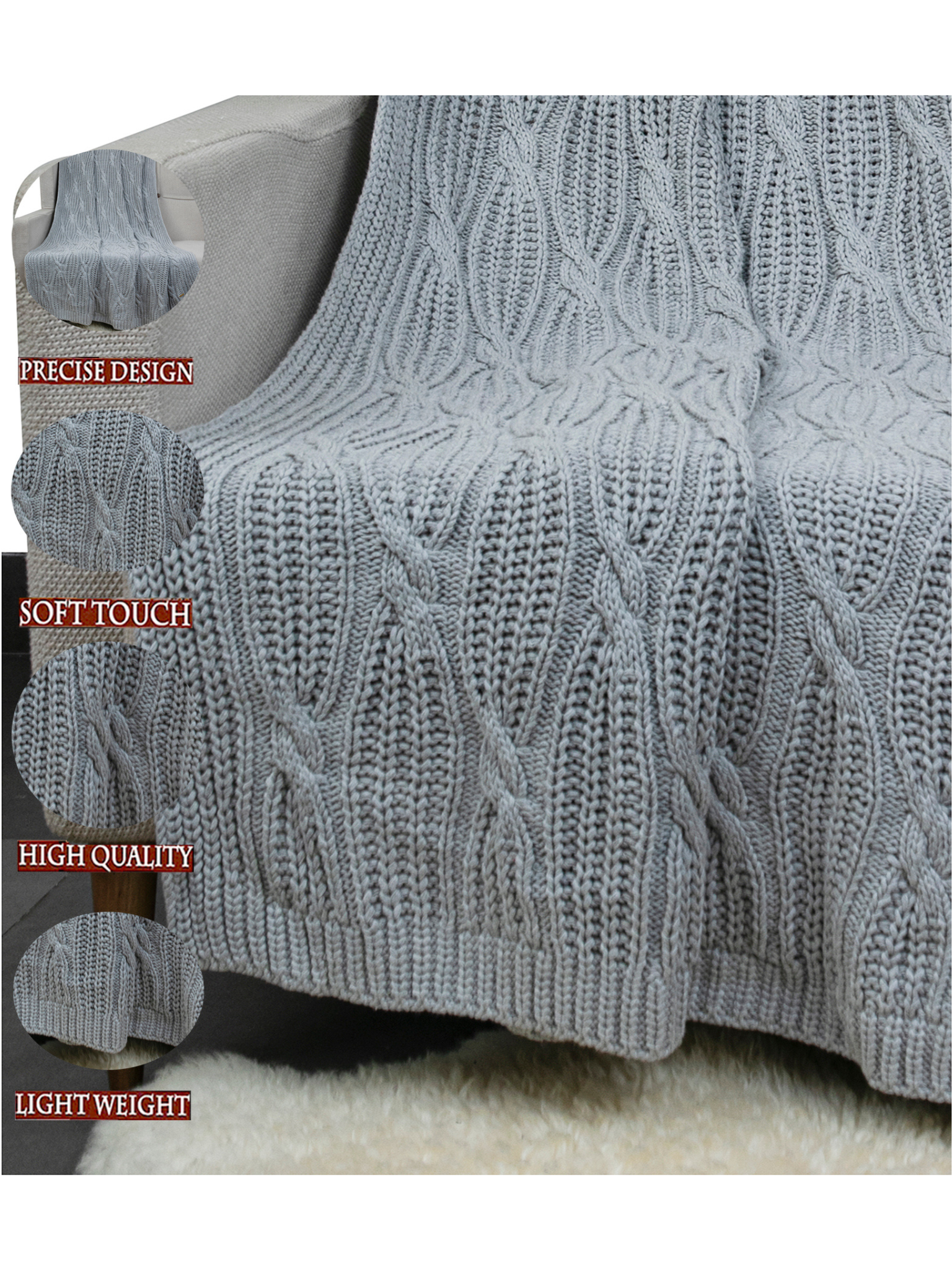 Knitted Grey Melange Texture Knit Throw