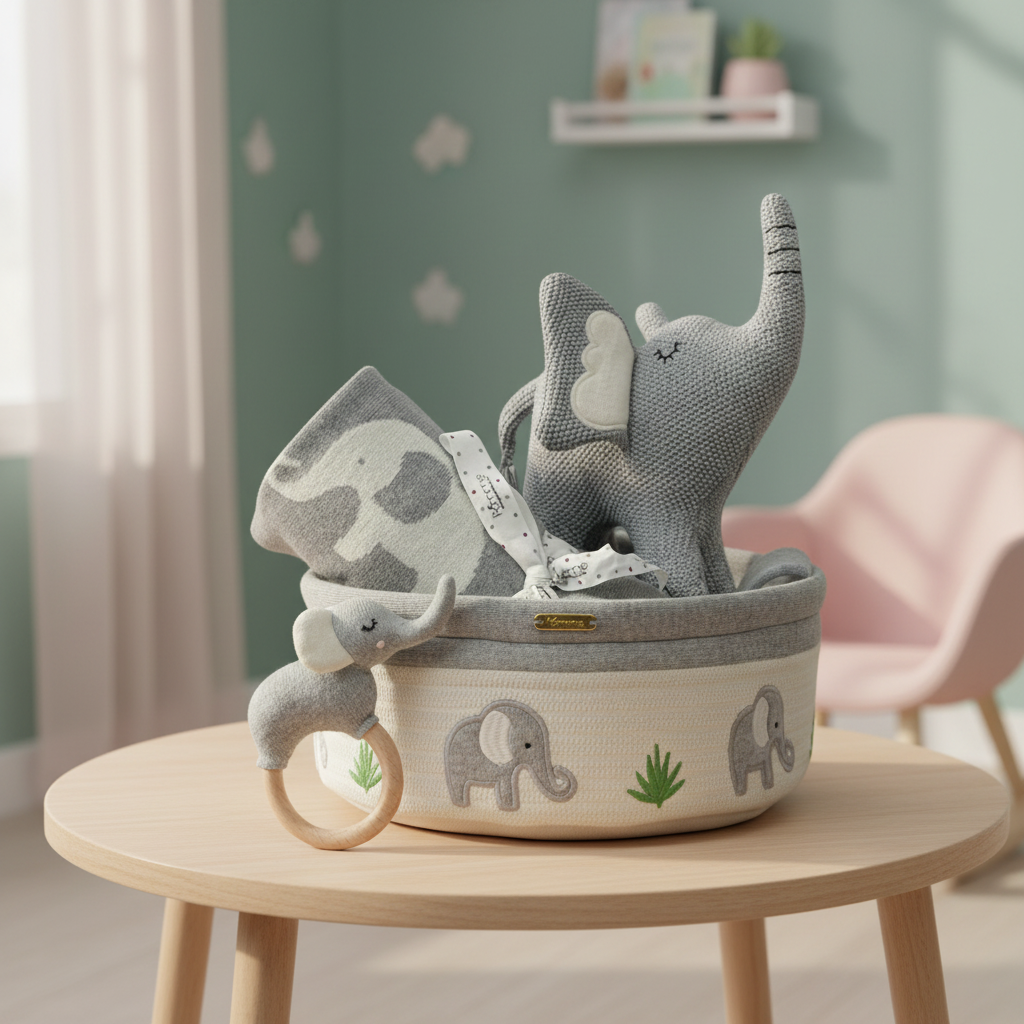 Pomme Cotton Knitted Elephant Basket Gift Set