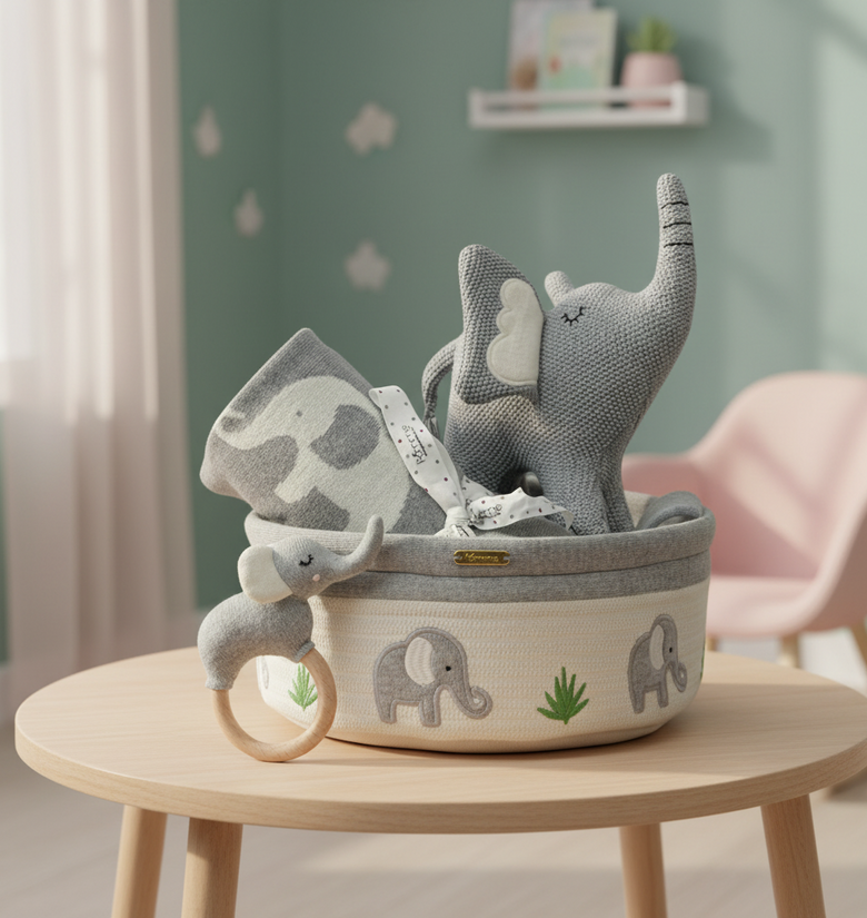 Pomme Cotton Knitted Elephant Basket Gift Set