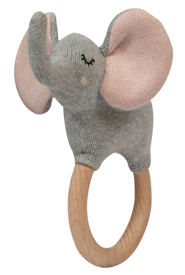 Knitted Rattle Elephant With Wooden Ring