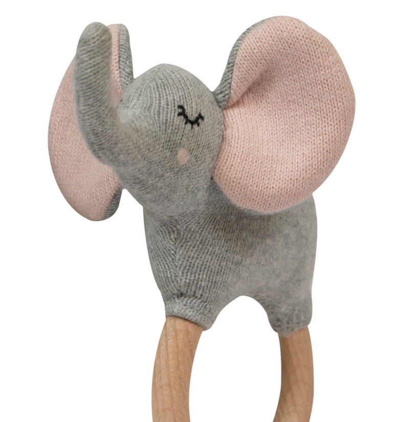 Knitted Rattle Elephant With Wooden Ring