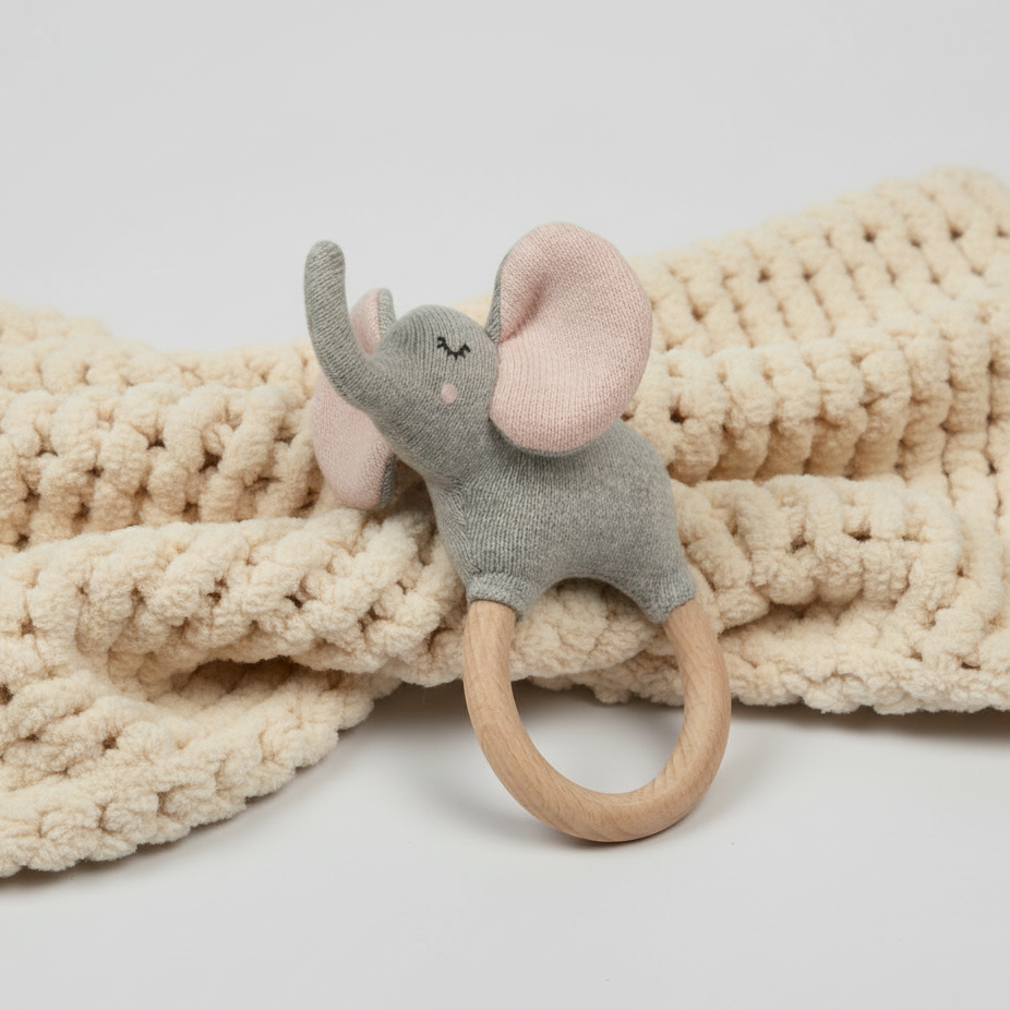 Pomme Jumbo Elephant Knitted Cotton Rattle with Wooden Ring